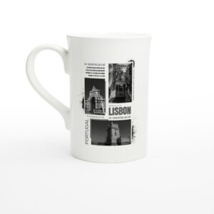 Vintage Lisbon Portugal Porcelain Slim Mug - 10oz White | Black & White Cityscape Design | Portuguese Travel Photography