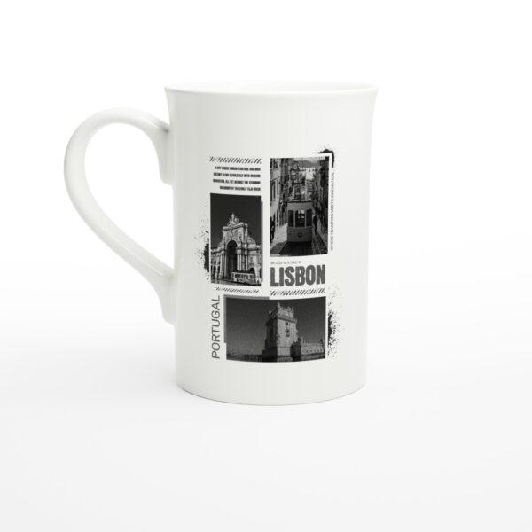 Vintage Lisbon Portugal Porcelain Slim Mug - 10oz White | Black & White Cityscape Design | Portuguese Travel Photography